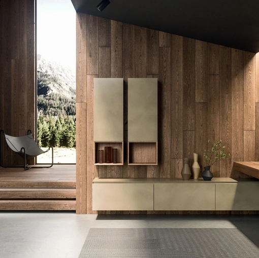 360Gradi 03 Wall-Mounted Bathroom Cabinet in Wood and Oxidized Gold Lacquered by Arrital