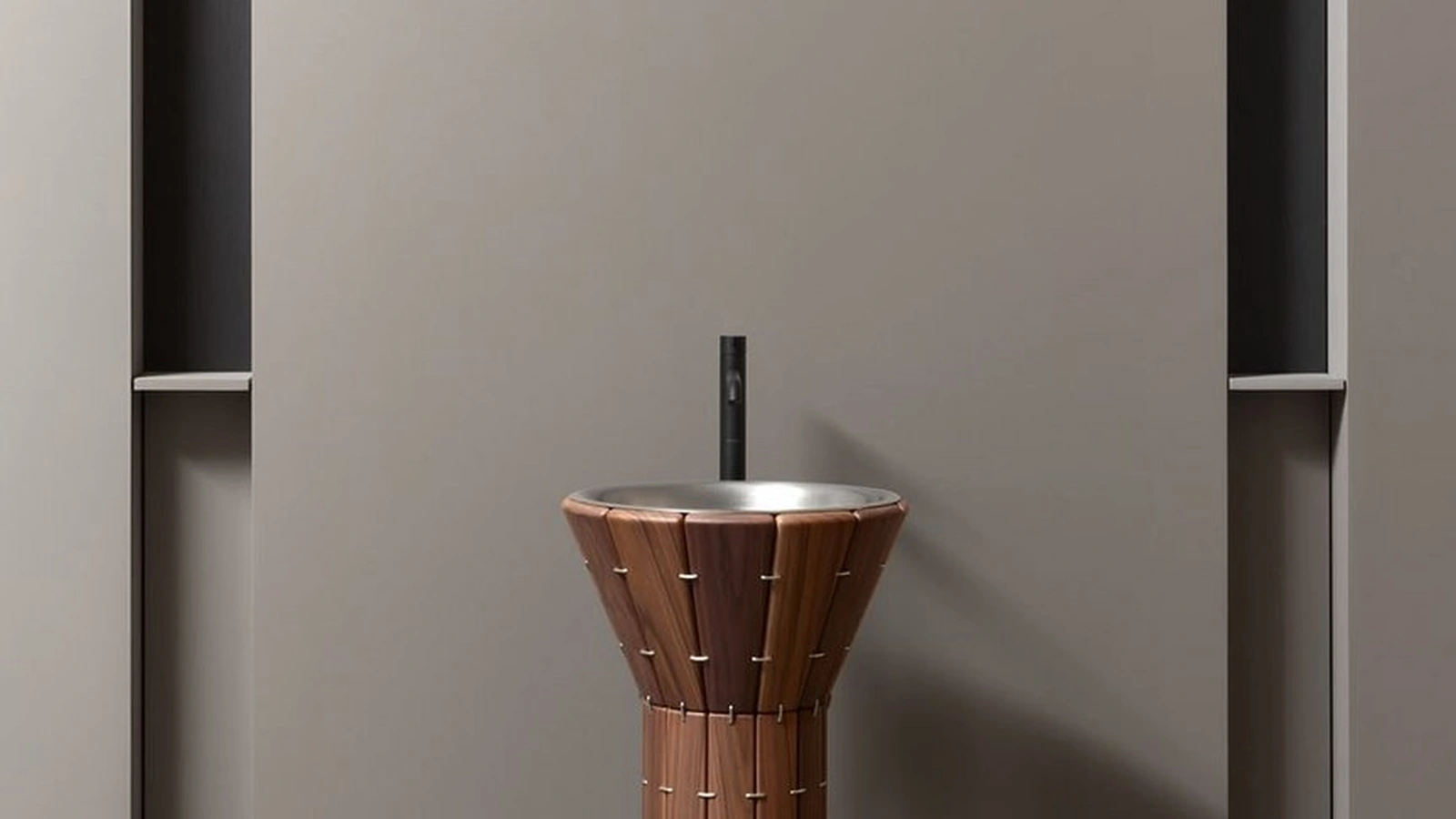 AMDL Circle Teti freestanding washbasin in Canaletto Walnut and Stainless Steel by Antoniolupi