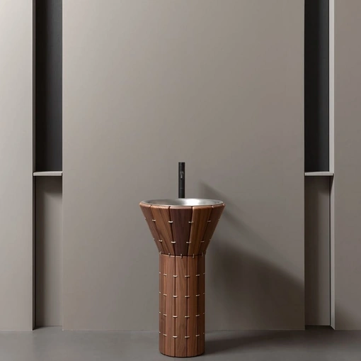 AMDL Circle Teti freestanding washbasin in Canaletto Walnut and Stainless Steel by Antoniolupi