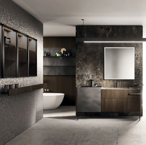 Floor-standing Lympha 02 Bathroom Cabinet in Oak and Oxidized Lacquered Finish by Arrital