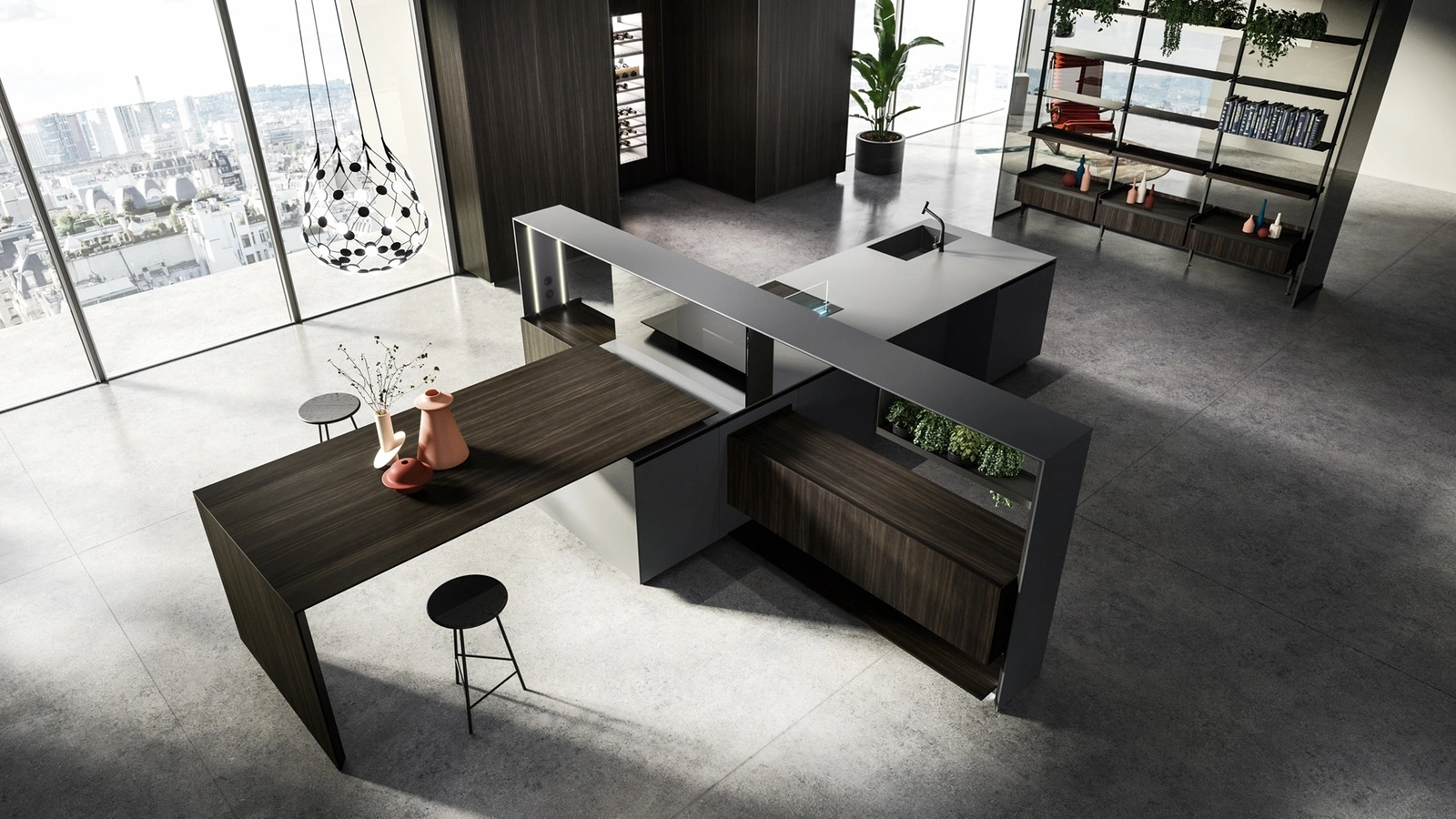 Nautilia 05 Design Kitchen with Island in Fenix NTM Bromo Grey and Smoked Oak by Arrital