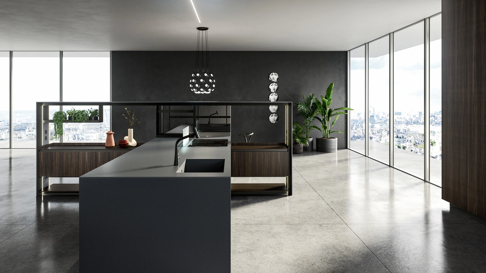 Nautilia 05 Design Kitchen with Island in Fenix NTM Bromo Grey and Smoked Oak by Arrital