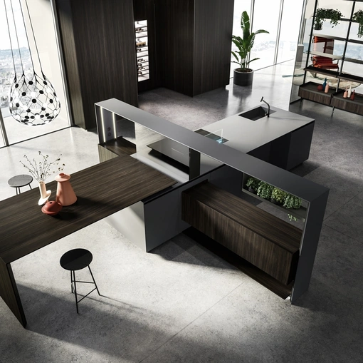Nautilia 05 Design Kitchen with Island in Fenix NTM Bromo Grey and Smoked Oak by Arrital