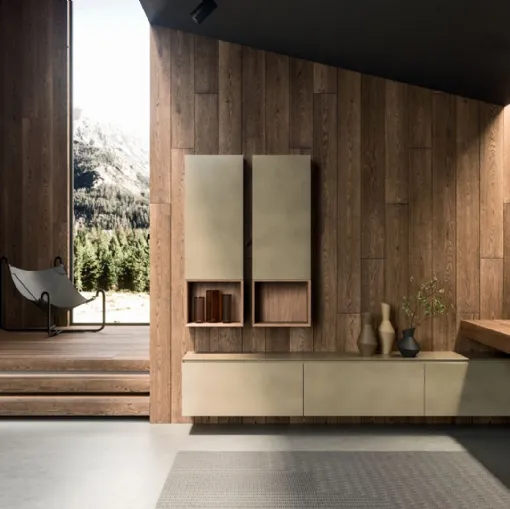 360Gradi 03 Wall-Mounted Bathroom Cabinet in Wood and Oxidized Gold Lacquered by Arrital
