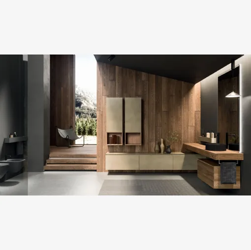 360Gradi 03 Wall-Mounted Bathroom Cabinet in Wood and Oxidized Gold Lacquered by Arrital