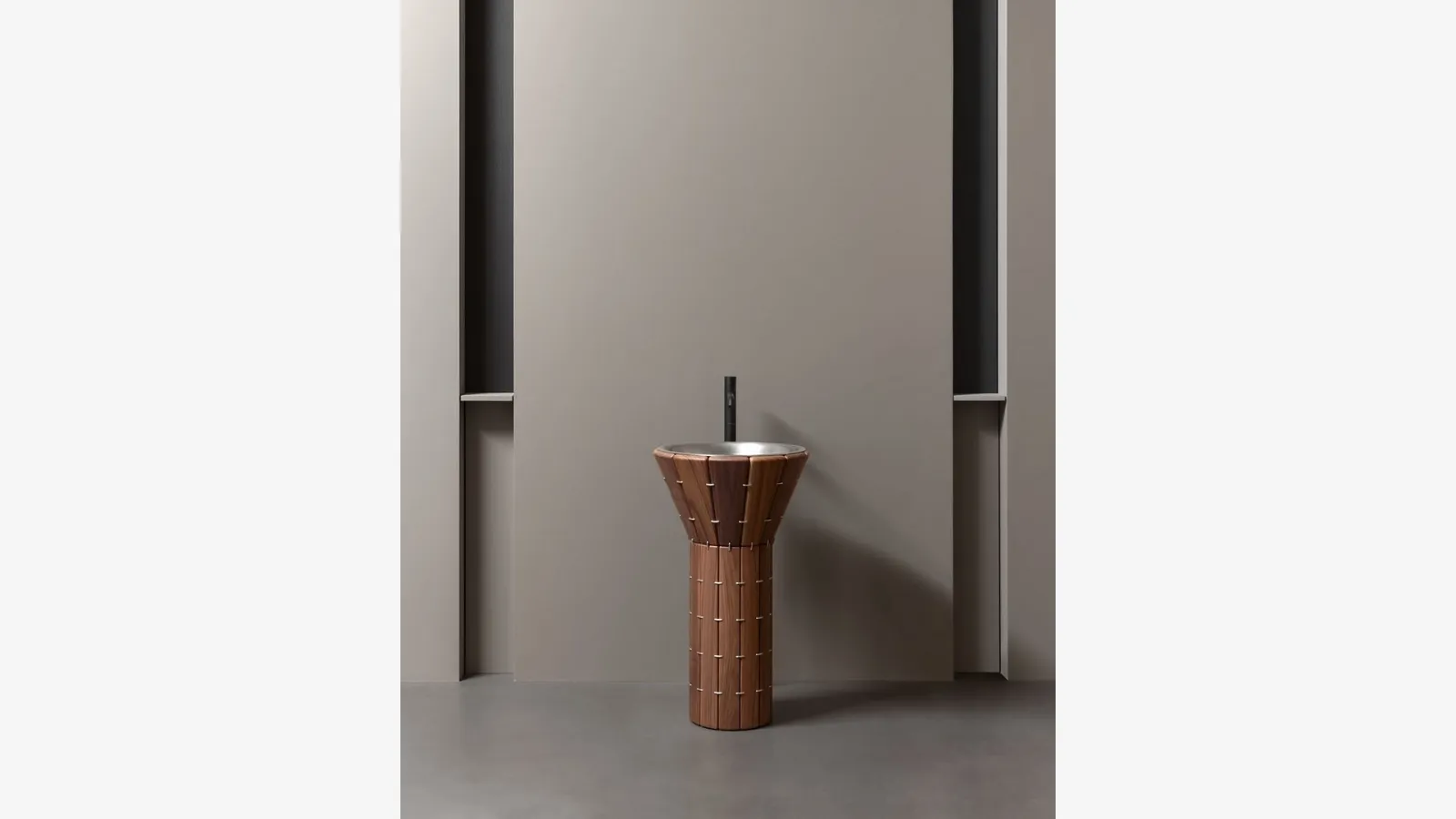 AMDL Circle Teti freestanding washbasin in Canaletto Walnut and Stainless Steel by Antoniolupi
