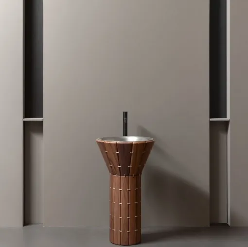 AMDL Circle Teti freestanding washbasin in Canaletto Walnut and Stainless Steel by Antoniolupi