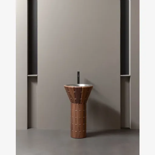 AMDL Circle Teti freestanding washbasin in Canaletto Walnut and Stainless Steel by Antoniolupi