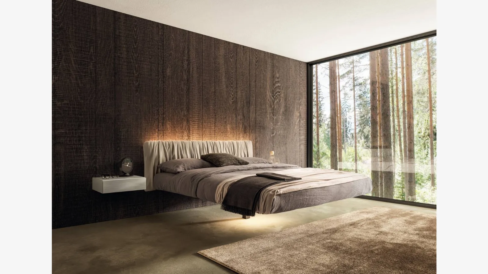 Suspended bed Fluttua 1631 with pleated leather headboard by Lago.