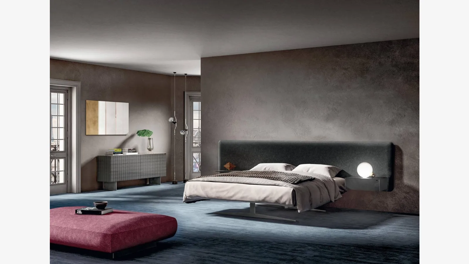 Steel bed 1747 with velvet upholstered headboard by Lago.