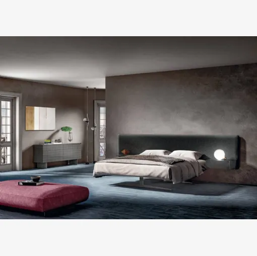 Steel bed 1747 with velvet upholstered headboard by Lago.