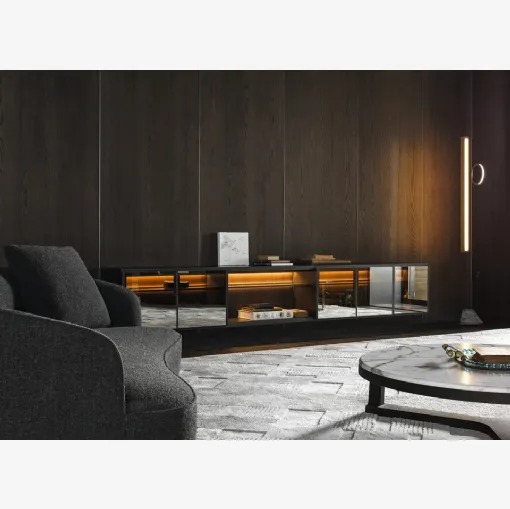 Logos Set 03 suspended bookshelf in wood with mirrored glass by Molteni & C