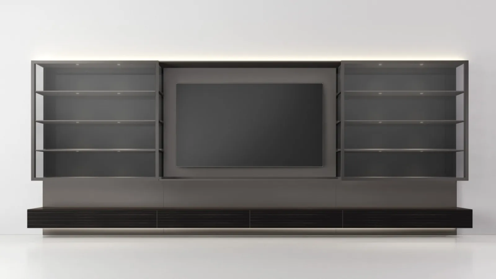 Abacus Graphite equipped wall unit in lacquered and stained ebony by Rimadesio.