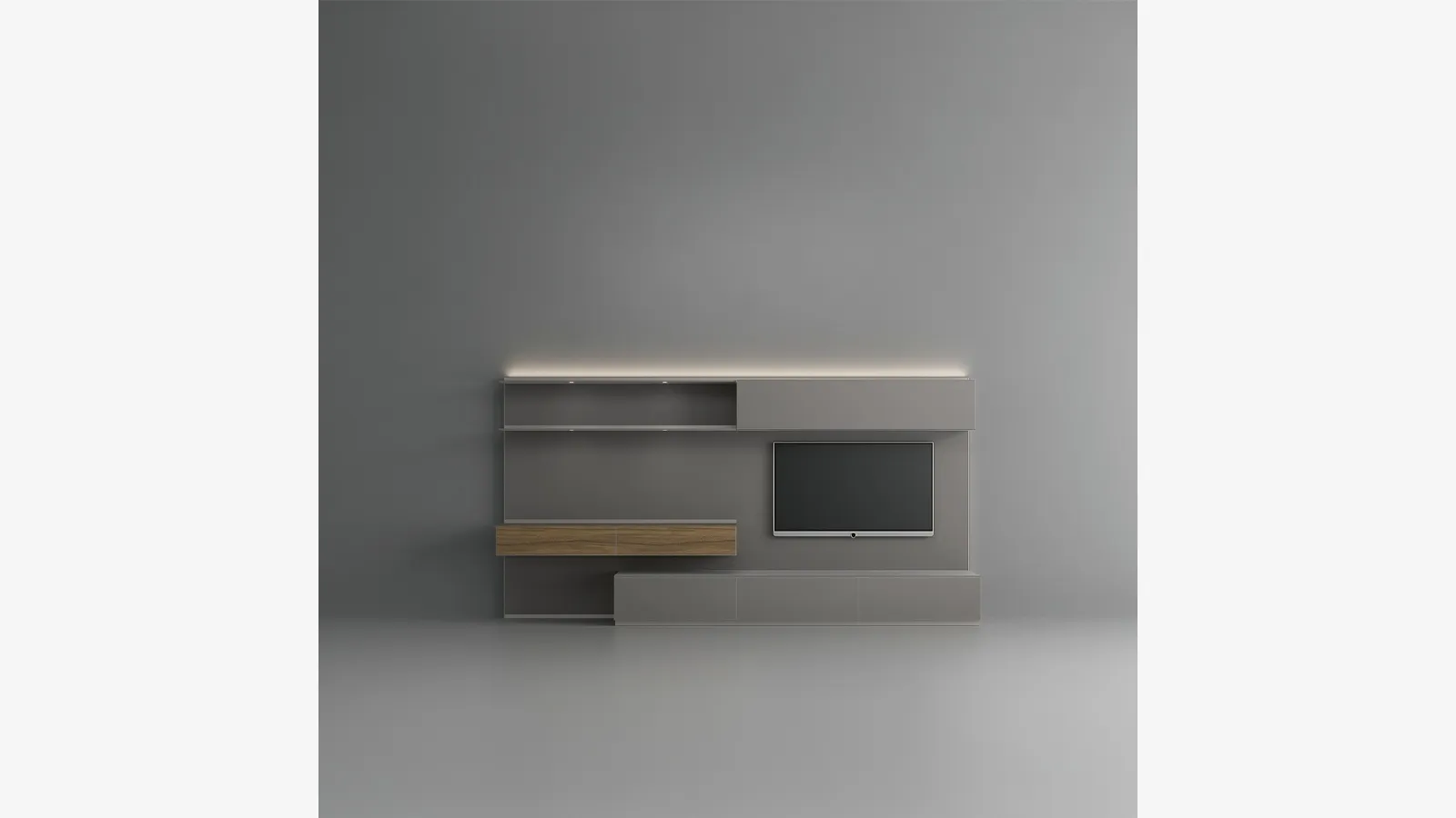 Abacus Arctic Grey Equipped Wall Unit in glass and walnut by Rimadesio.