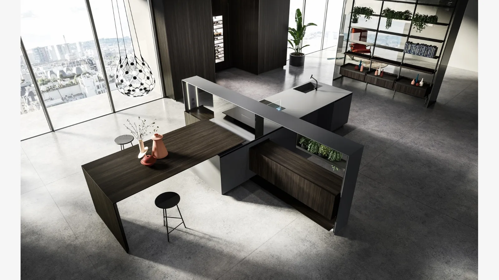 Nautilia 05 Design Kitchen with Island in Fenix NTM Bromo Grey and Smoked Oak by Arrital